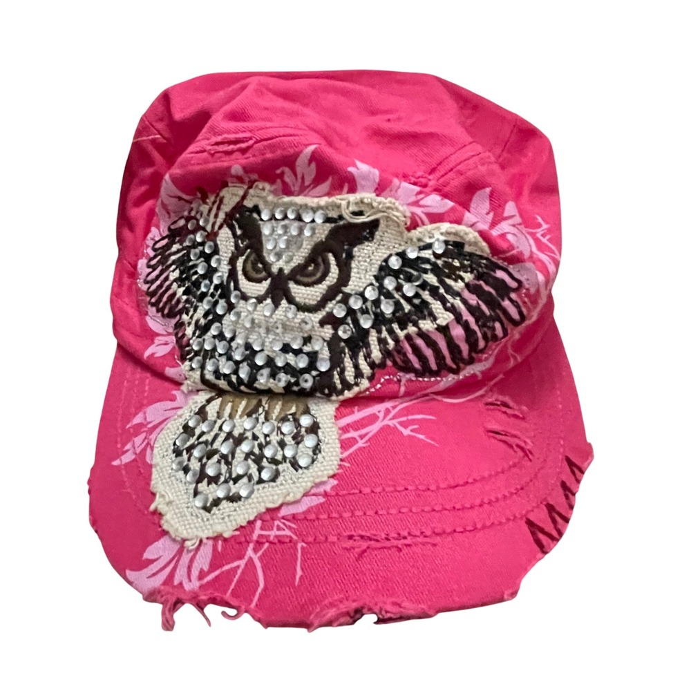 Leader LOGA Owl Cadet Hat Women Pink Rhinestone Distressed Cap Y2K Whimsygoth